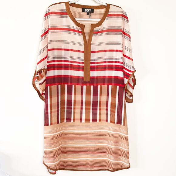 DKNY Sheer Tunic Large Kimono Sleeve V Neck Stripe Swim Cover - Picture 1 of 4